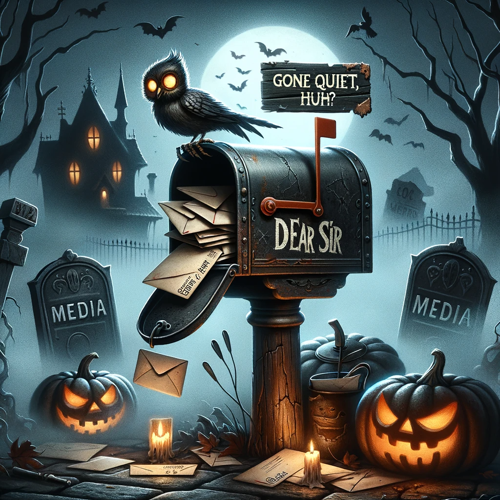 A mailbox is overflowing with an excess of spam messages, while a crow perches on top, overseeing the scene. Around the base of the mailbox, a collection of pumpkins is haphazardly arranged.
