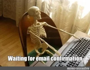 Skeleton on a computer desk waiting for an email confirmation